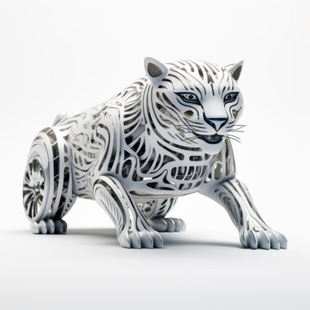 a white, 3d tiger paper sculpture made from acrylic plastic is showcased in this surreal cyberpunk-inspired image. the sculpture features bold patterns and typography, drawing inspiration from qajar art, hyper-realistic animal illustrations, and moche art. the light gray background enhances the details of this high-definition image. ai generatedの素材