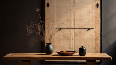 a minimalistic japanese-style door on a hemp table is captured next to a window in this photograph. the black and gold color scheme creates a whimsical ambiance, while the sparse and simple composition adds a subtle charm. the image, taken by an interior design photographer using a canon eos r5, showcases a lot of detail in the objects. with a touch of film grain andの素材