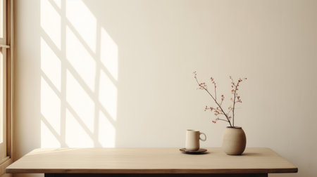 a minimalistic japanese-style door on a hemp table is captured next to a window in this photograph. the black and ivory color scheme creates a sparse and simple yet whimsical ambiance. the image, taken by an interior design photographer using a canon eos r5, showcases a lot of detail in the objects. with a touch of film grain and a cinemotographic feel, this 32k uhdの素材