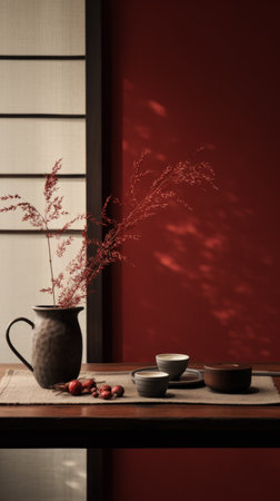 a minimalistic japanese-style door on a hemp table is placed next to a window. the black and maroon color scheme creates a whimsical ambiance. this minimalist still life captures a sparse and simple yet subtly whimsical folk-inspired design. the photograph, taken by an interior design photographer using a canon eos r5, showcases a lot of detail in the objects. with a touch of film grainの素材