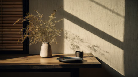 a minimalistic japanese-style door on a hemp table is positioned next to a window. the composition features black and navy elements, creating a whimsical ambiance. the still life is minimalist, sparse, and simple, with subtle folk-inspired details. this photograph, captured by an interior design photographer using a canon eos r5, showcases a lot of detail in the objects. the use of film grain and cinemotographicの素材
