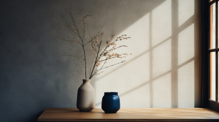 a minimalistic japanese-style door on a hemp table is positioned next to a window. the composition features black and navy elements, creating a whimsical ambiance. the still life is minimalist, sparse, and simple, with subtle folk-inspired details. this photograph, captured by an interior design photographer using a canon eos r5, showcases a lot of detail in the objects. the use of film grain and cinemotographicの素材