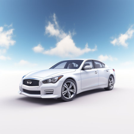 a white infiniti car is showcased on a white background, surrounded by a realistic blue sky and ethereal cloudscapes. the lifelike rendering captures dynamic action sequences, influenced by precisionism. the image exudes a sense of realism, reminiscent of hinchel or similar styles. ai generatedの素材