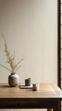 a minimalistic japanese-style door on a hemp table is positioned next to a window. the black and taupe color scheme creates a sparse and simple yet whimsical ambiance. this minimalist still life captures the subtle and whimsical folk-inspired elements. the photograph, taken by an interior design photographer using a canon eos r5, showcases a lot of detail in the objects. with a touch of filmの素材