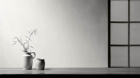 a minimalistic japanese-style door on a hemp table is captured next to a window in this black and white photograph. the image showcases a whimsical ambiance with its sparse and simple composition. the objects in the frame are filled with intricate details, creating a subtle and folk-inspired atmosphere. photographed by an interior design photographer using a canon eos r5, the image has a very realの素材
