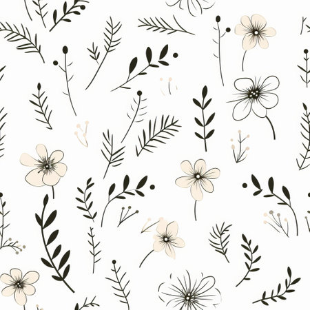 a seamless vector pattern featuring charming sketches of flowers in a simple and elegant style. created by tracie grimwood, this nature-based pattern is designed in a light black and light beige color scheme, perfect for adding a touch of sophistication to any project. the pattern is set against a white background, making it versatile and easy to incorporate into various designs. ai generatedの素材