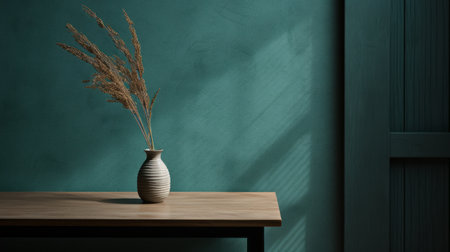 a minimalistic japanese-style door on a hemp table is captured next to a window in this photograph. the composition features a black and turquoise color scheme, creating a whimsical ambiance. the still life is minimalist, with sparse and simple elements. the image, taken by an interior design photographer using a canon eos r5, showcases intricate details and a subtle, whimsical folk-inspired aesthetic. the use ofの素材