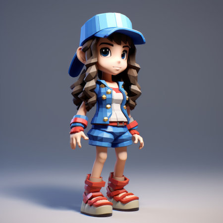 a cartoon female character is depicted wearing shorts and sneakers, along with a hat. the style of the artwork is inspired by hard surface modeling, featuring a combination of light red and dark azure colors. the image showcases elements reminiscent of mingei art, as well as influences from artists like bill gekas. the character exudes charm, resembling delightful anime characters, with zigzag patterns adding aの素材