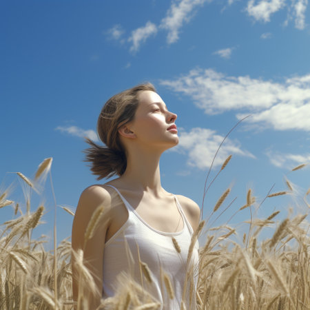a young woman stands in a sunflower field, surrounded by vibrant yellow blooms and a stunning blue sky. the photo, captured with the tokina opera 50mm f14 ff lens, showcases a hyperrealistic rendering. the use of infrared and photo-realistic techniques enhances the scene, while the woman's gentle expressions convey a sense of quiet contemplation. ai generatedの素材