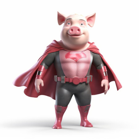 a photorealistic rendering of a pig dressed as a superhero, with a light pink and dark crimson color scheme. the highly stylized figures showcase the inventive character designs by david normal and ferdinand knab. the pig's strong facial expression adds to the overall impact of the image. ai generatedの素材