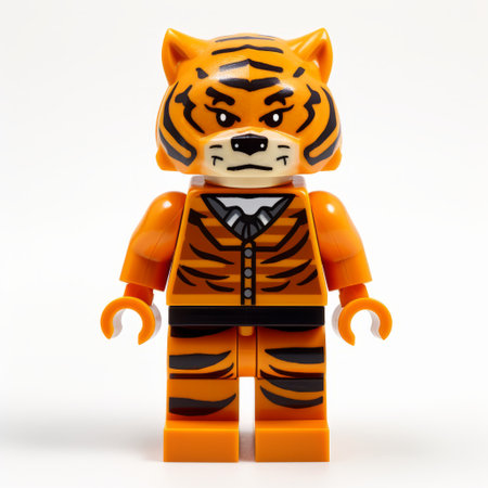 a tiger lego figure dressed in a dark orange tuxedo, inspired by the corporate punk style of dc comics. this unique creation features mixed patterns and skeuomorphic elements, showcasing the intricate character studies of firmin baes. ai generatedの素材