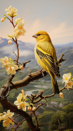 a yellow bird perches gracefully on a branch, amidst a breathtaking hyperrealistic landscape. this stunning artwork captures the essence of richly detailed genre paintings, with its mountainous vistas and vibrant cherry blossoms. the scene is reminiscent of wimmelbilder, showcasing intricate details and a sense of depth. the hyperrealistic mural evokes the beauty of victorian genre paintings, creating a captivating visual experience. ai generatedの素材