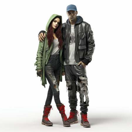a man and woman, dressed in hip-hop style, stand side by side wearing jean jackets and baseball caps. the unreal engine used in this artwork by adam martinakis brings out the vibrant colors of red and green. the isolated figures resemble the hyperrealistic style of serge marshennikov. ai generatedの素材