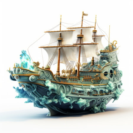 a 3d rendered pirate ship featuring stunning blue sails and waves, resembling surrealistic ceramic sculptures. the ship is adorned with intricate and bizarre illustrations in light cyan and gold, reminiscent of contemporary chinese art. with inventive character designs, this 20-megapixel illustration showcases the fusion of creativity and craftsmanship. ai generatedの素材