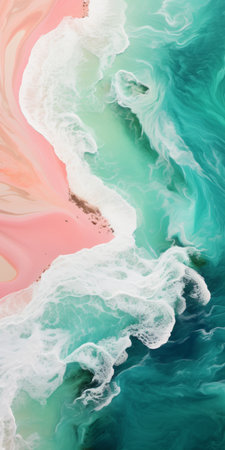 a watercolored paint in glass flows across the top of the ocean, showcasing a vibrant blend of pink and emerald hues. this aerial photograph captures the mesmerizing beauty of the ocean, with its light aquamarine and beige tones. the art of tonga is brought to life through this saturated color scheme, depicting lush colors and naturalistic ocean waves. ai generatedの素材