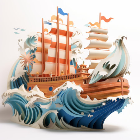 a paper illustration of a ship sailing through vibrant waves, inspired by colorful woodcarvings and contemporary chinese art. created using zbrush, this playful installation showcases multilayered dimensions. captured with a canon eos 5d mark iv, this illustration is a stunning fusion of traditional and modern artistic techniques. ai generatedの素材