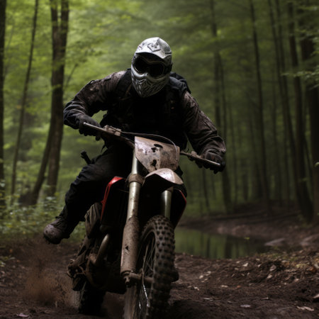 a person rides a motorbike through the forest, captured in an ominous and photographically detailed portrait. this manapunk-style image resembles a high-quality national geographic photo, showcasing the beauty and intensity of the scene. ai generatedの素材