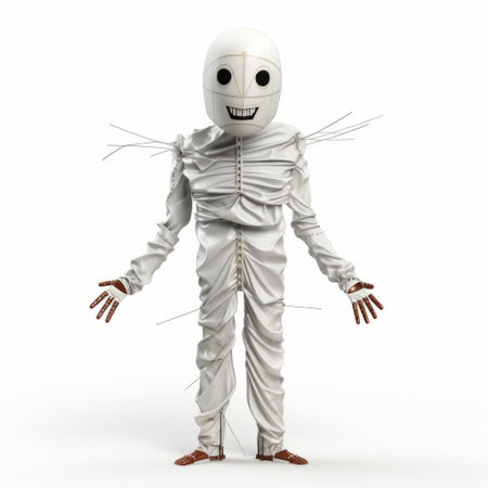an unbent white skeleton mummy is depicted in this 3d animation. the whimsical character design, inspired by artists like alastair magnaldo and isaac cordal, adds a unique touch to the halloween-themed scene. the skeleton mummy stands out against the white background, showcasing its stylish costume design and a touch of twisted futurism. ai generatedの素材