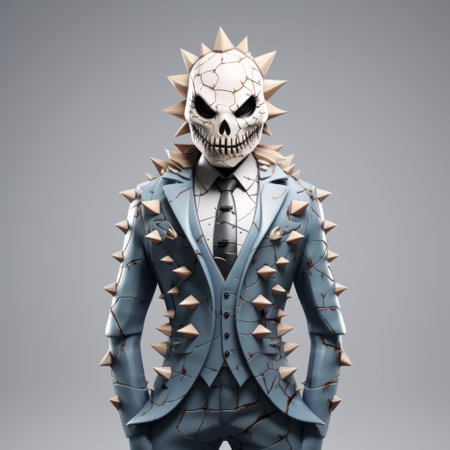 a 3d concept art illustration featuring a boy in a suit and skull, created in the style of spiky mounds and sharp, edgy compositions. this artwork, with its crisp and clean look, showcases a terrorwave aesthetic and eerily realistic figures. ai generatedの素材