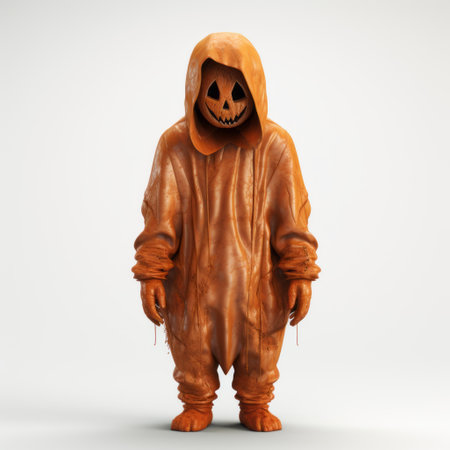 a 3d halloween pumpkin suit character mascot 3d model, inspired by the styles of emil melmoth and tracey emin. this mascot embodies gritty urban realism with its monochromatic minimalism. the photo, captured by the associated press, showcases the mascot's soggy, light brown, and amber color palette. ai generatedの素材