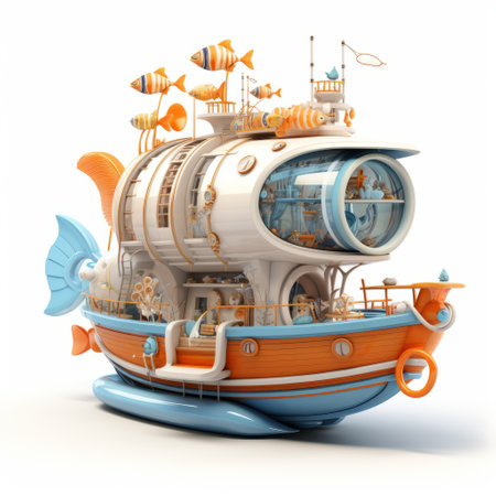 nautical house designs featuring high-tech futurism elements are showcased in this photo. set against a white background, the designs blend realistic and fantastical elements, including adorable toy sculptures. the fisheye lens captures the intricate details of the orange and azure cybermysticsteampunk-inspired illustrations. ai generatedの素材