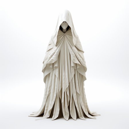 a 3-dimensional model of a creature with an outer covering, resembling dramatic and somber religious works. the model features light white and beige tones, intricate costumes, and a stark minimalistic design. the flowing fabrics and detailed craftsmanship evoke the style of alan lee's artwork. the matte photo captures the essence of this unique creation. ai generatedの素材