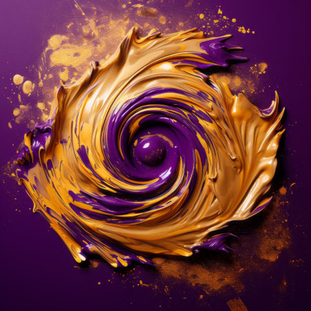 a purple swirly swirl of chocolate on a purple background, resembling brushstroke-intensive portraits. created using cinema4d, the design features dark yellow and gold textured pigment planes. the use of zbrush adds fluid figuratism, resulting in a realistic color palette. ai generatedの素材
