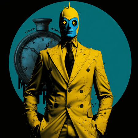 a person in a vibrant yellow suit stands confidently next to a clock in this intense and vividly colored illustration. the artwork, reminiscent of the style found in dc comics, showcases chiaroscuro portraits and a high resolution. the cyan accents add a stylish touch to the costume design, creating a unique and captivating alienpunk aesthetic. ai generatedの素材