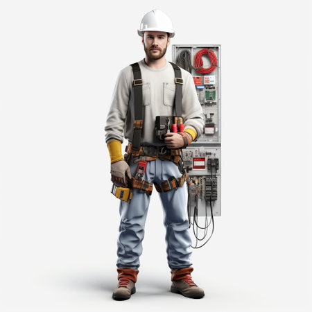 a man electrician, dressed in a suit and hard hat, stands confidently with a box and battery. this rendered image, created in the style of unreal engine, showcases working-class subjects. the character design is detailed, with hyperrealistic white features. the graphics resemble the iconic ps1 style, and the overall composition highlights the meticulous attention to group material. ai generatedの素材