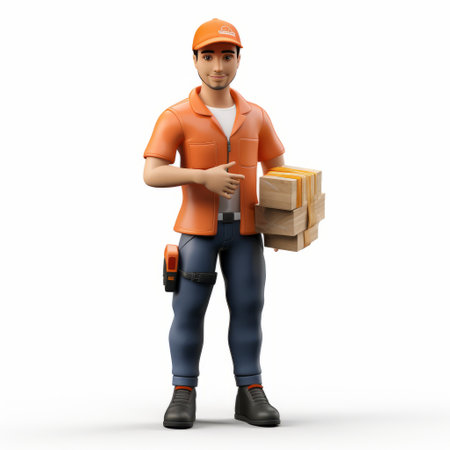 delivery service man in an orange striped shirt showcasing his hand, captured in a visually striking ambient occlusion style. this image portrays the working-class subjects and the masonry construction industry. the composition includes group materials, piles, stacks, and a touch of the artistic influence of toyen. ai generatedの素材