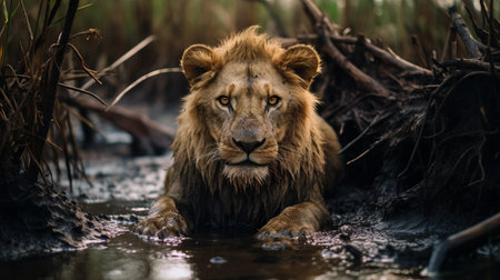a large lion, captured in the unique style of stefan gesell, is seen sitting majestically in a serene lake. this close-up shot, taken with a rangefinder lens, showcases the intricate details of the lion's features. the high-resolution 8k image, reminiscent of the artistic style of chris uminga, beautifully captures the non-representational essence of the scene. ai generatedの素材