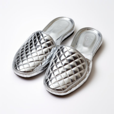 a pair of silver square-toed shoes with a shibori-inspired design, placed on a white background. these leatherhide shoes have a soft and dream-like quality, reminiscent of the artistic styles of mars ravelo, shirin neshat, and ford madox brown. the tondo shape adds an interesting visual element to the composition. ai generatedの素材