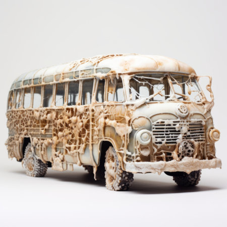 a bus covered in a paper wrap displays intricate detailing resembling fluid glass sculptures. the dark gold and light beige stains add a unique touch to this artwork by jason decaires taylor. captured using a konica auto s3 camera, this photograph showcases the beauty of apocalypse art against a clean white background. ai generatedの素材