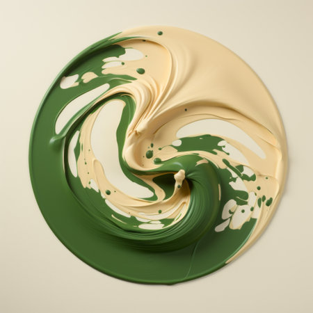 an abstract circle sculpture created by mike campau, featuring a unique combination of green and yellow liquids. the artwork showcases a dark white and beige color palette, with loose paint application and a focus stacking technique. this installation creator has skillfully sculpted the piece, resulting in an earth tone color palette that captivates the viewer. ai generatedの素材