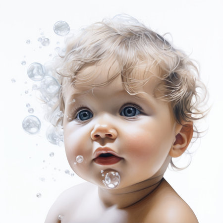 a child swimming with water bubbles is depicted in this realistic hyper-detailed portrait. the illustration style is caricature-like, with light white and gray tones. the use of hyper-realistic oil techniques results in a lifelike rendering. the artwork draws inspiration from the works of rubens, creating a cute and dreamy atmosphere. ai generatedの素材