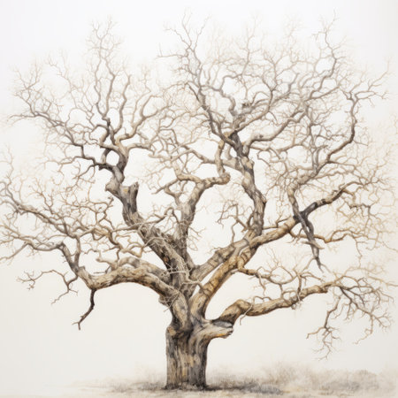 a photo titled "tree in winter, 2017" by amy gilmour captures the essence of nature during the colder months. inspired by the style of john blanche, the image showcases hyperrealistic wildlife portraits with light brown hues and watercolor-like washes. the composition, reminiscent of serge marshennikov's work, emphasizes organic and naturalistic elements, while also highlighting detailed botanic studies. ai generatedの素材