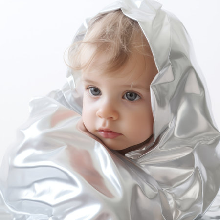 a baby wrapped in foil, with captivating blue eyes and an open face, is depicted in this photograph. the image is inspired by the mysterious space theme, incorporating playful and youthful elements. softbox lighting techniques are used to enhance the overall effect. the composition draws influences from artists such as edmund leighton and frank gehry, as well as incorporating elements of stereotype photography and zbrushの素材