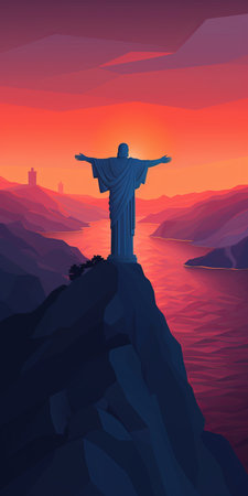 a statue of christ stands majestically atop a mountain at sunset, creating a breathtaking scene. the architectural illustrator's style brings the lively coastal landscapes to life, with a combination of dark azure and crimson hues. the isometric perspective and bold graphic illustrations enhance the romantic and dramatic landscapes, making it a captivating sight. ai generatedの素材
