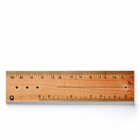 wooden ruler with white stripes, featuring a wide-angle lens style. playful streamlined forms inspired by the new york school. dotted pattern adds a touch of uniqueness. low resolution and sparse design create a modern aesthetic. the ruler showcases mechanized precision for accurate measurements. ai generatedの素材