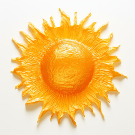 orange sunflower on white background, captured by alexander tonelli, showcases a sculptural use of paint with a melting effect. the hyper-realistic oil painting features god rays shining upon the sunflower, made of plastic, on a white surface. the intricate hatching technique adds depth and texture to this captivating artwork. ai generatedの素材