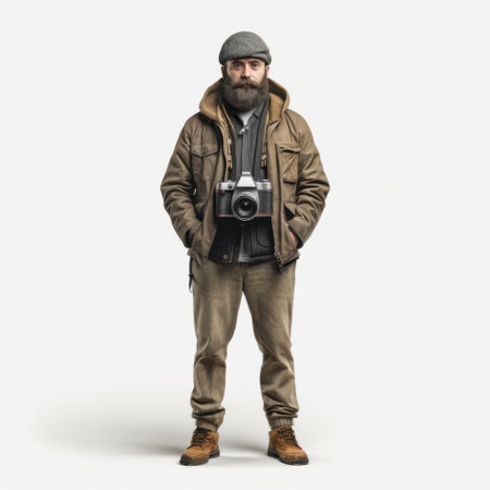 a man holding a camera stands in front of a background, capturing hyperrealistic wildlife portraits in the style of studio photography. the scene reflects the influence of glasgow style and frostpunk, with minimal retouching. the leica cl camera adds a touch of elegance, while the light brown and gray tones create a harmonious atmosphere. ai generatedの素材