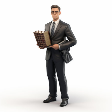 a black and red doll of a businessman holding a portfolio, created in the style of hyperrealistic sculptures by rob gonsalves. this gray and bronze doll features a photorealistic rendering and a meticulously detailed character design. the doll is depicted with carved books and is set against a clean white background. ai generatedの素材