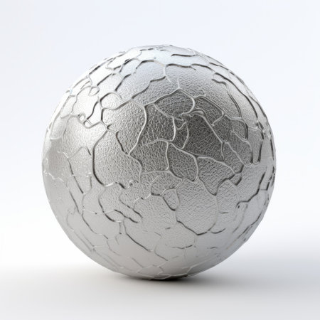 a gray metal sphere with cracks on the surface, rendered in maya, showcases a combination of light white and silver tones. the sphere features rough edges and exhibits craftcore aesthetics. its glazed surfaces and textural explorations create a captivating visual appeal. the metallic finishes add a touch of sophistication to this intriguing artwork. ai generatedの素材