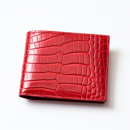 an alligator wallet, featuring a red, meticulous design, is placed on a white background. the wallet showcases a bold chromaticity and follows a monochromatic color scheme. with elements of booru and manapunk, this wallet exudes an elegantly formal aesthetic. ai generatedの素材