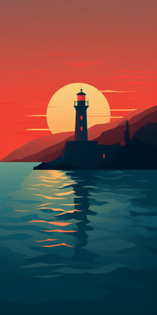 a vintage-style poster design featuring a lighthouse on a lake at sunset. the bold colors and strong lines create a captivating visual. the flat perspective adds depth to the dark red and cyan hues. the vibrant colors of nature blend with hauntingly beautiful illustrations, resulting in luminist landscapes. ai generatedの素材