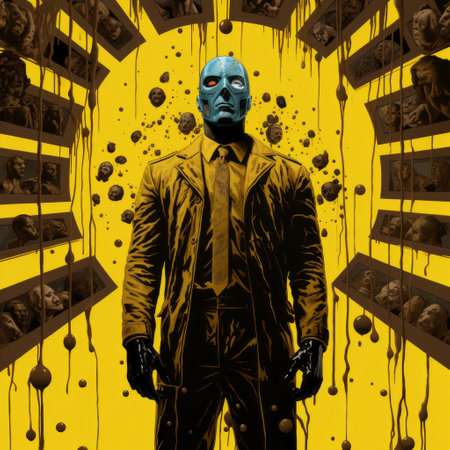 a frenzied new jack o'lantern comic book by ray bradley, featuring dark yellow and light aquamarine tones, showcases illusory wallpaper portraits and reinterpreted human forms. the concept art displays isolated figures in turquoise and gold, creating a captivating visual experience. the sky-blue and yellow elements add an extra touch of intrigue to this unique artwork. ai generatedの素材