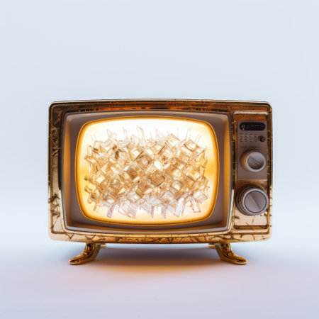 golden modern vintage retro tv with blue and golden screens, reminiscent of tyler shields' style. made of crystals and designed by matthias jung, this edgy piece features political commentary. its light silver hue adds a contemporary touch. this tv was the contest winner and is inspired by the works of daniel arsham. ai generatedの素材