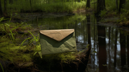 an eco-friendly crafted envelope rests on a serene forest stream. with its light green and dark beige hues, it blends seamlessly into the natural surroundings. this unique piece of art draws inspiration from the helsinki school and gutai group, showcasing elements of post-apocalyptic aesthetics. created using organic materials, it captures the essence of mars ravelo's artistic vision. ai generatedの素材