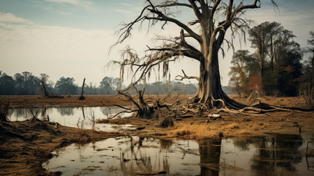 a post-apocalyptic marsh area with a solitary tree is captured in this uhd image. the photo showcases a southern gothic vibe, reminiscent of national geographic's captivating photography. with a touch of dry wit humor, the washed-out and nostalgic nature of the scene adds to its intriguing allure. ai generatedの素材