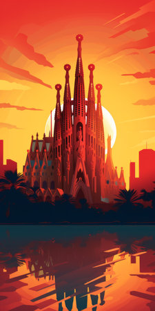 the sagrada familia desktop wallpaper captures the iconic barcelona landmark at sunset, with the bay and blue ocean in the background. this illustration, inspired by olly moss and the game firewatch, features bold clean lines and a minimalistic, vector-based 2d style. ai generatedの素材